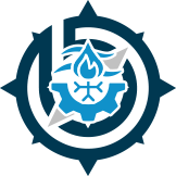 Trade logo of HVAC featuring half a gear, a snowflake, fire and wind over the bavts logo