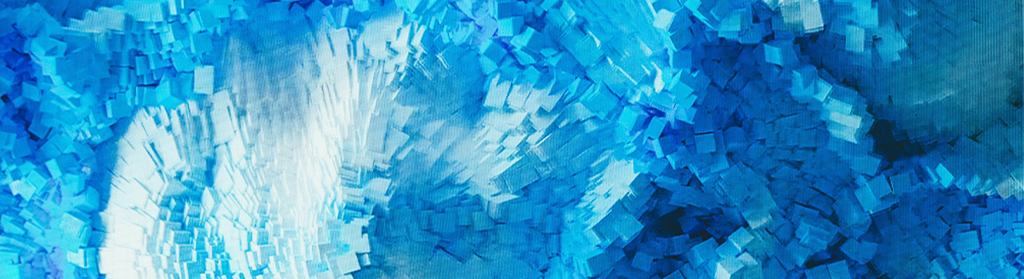 Digital wavy abstract art design of blue and white cubes.