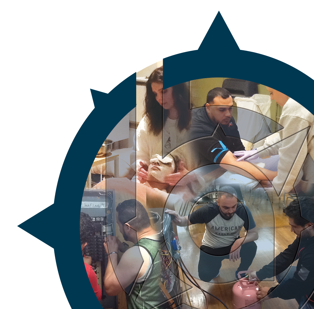 BAVTS Logo with photos of students working